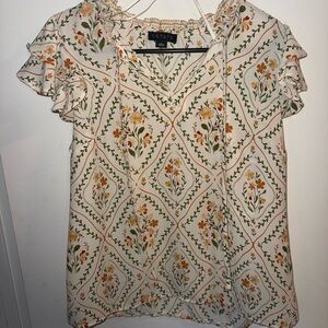 1. State Floral Ruffle Sleeve Blouse - Cream and Orange